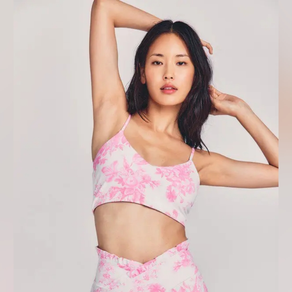 LoveShackFancy X Beach Riot Sports Bra Pink Versailles floral ruffle detail M